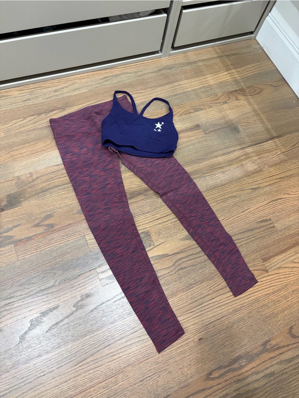ALO Yoga Maroon Heather and Purple-Red Active Leggings and Lulu Lemon Sports bra